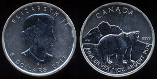 2011 Canada 5 Dollar Grizzly Bear 1 oz. .999 Fine Silver