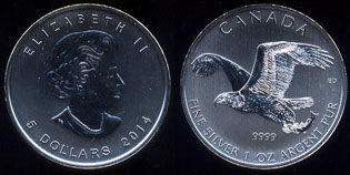 2014 Canada 5 Dollar Bald Eagle 1 oz. .999 Fine Silver 