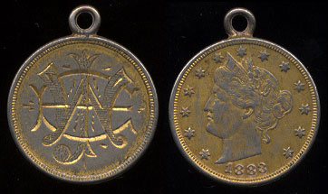 1883 V Nickel Pendant EIW Love Token Gold Plated