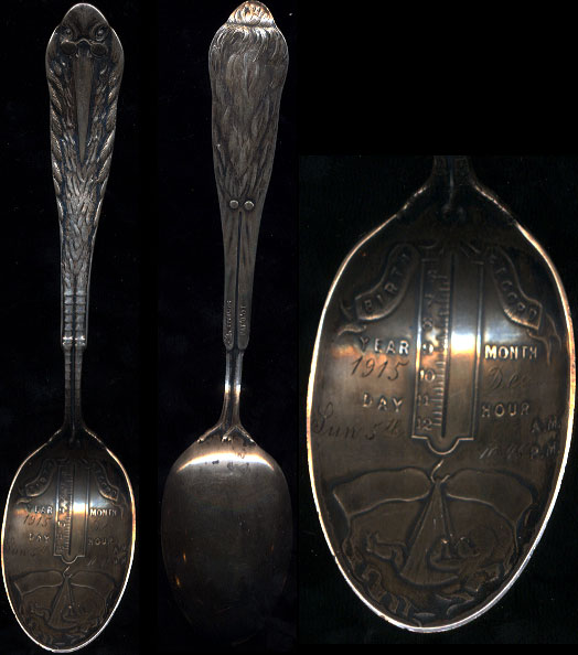 Birth Record Spoon Stork on Handle Year: 1915 , Month: December , Day Sunday the 5th , Hour: 10:45 p.m. Sterling Silver Spoon Weight: 26 Grams
