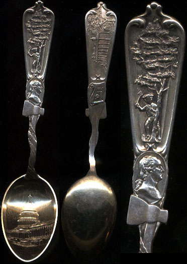 George Washington Cutting Down The Cherry Tree with Mt. Vernon on the Reverse Sterling Silver Souvenir Spoon 22.2 Grams