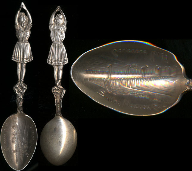 Concrete Pier Santa Monica, CAL. (Hallmark: MB with pickaxe and shovel crossed) Lady on Handle Sterling Silver Souvenir Spoon 24.4 Grams