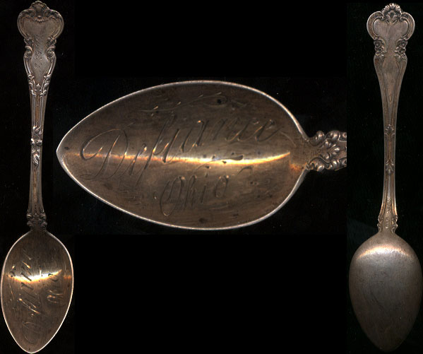 Bowl engraved "Defiance Ohio" and 3.21.99 at top. Sterling silver souvenir spoon by Wendell Manufacturing Co.
