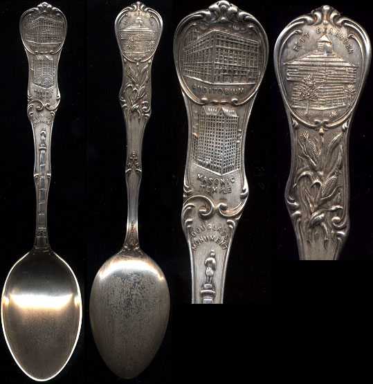 Fort Dearborn (Chicago, Ill) Souvenir Spoon Featuring: Fort Dearborn The Auditorium Masonic Temple Douglas Monument Sterling Silver 18.8 Grams