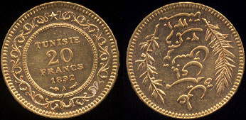 1892-A 20 Francs Gold Coin of Tunisia XF