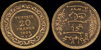 1904-A 20 Francs Gold Coin of Tunisia