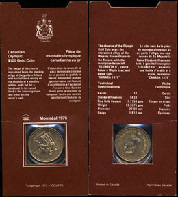 1976 Canadian $100 Choice Uncirculated Gold Coin Purity: 58.3% Fine Gold Weight: .25 ounces in original packaging
