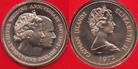 Cayman Islands Twenty Five Dollars 1972 The 25th Wedding Anniversary of Queen Elizabeth II And Prince Philip  Commemorative Gold Coin