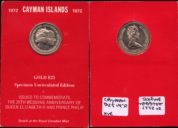 Cayman Islands Twenty Five Dollars 1972 The 25th Wedding Anniversary of Queen Elizabeth II And Prince Philip  Commemorative Gold Coin