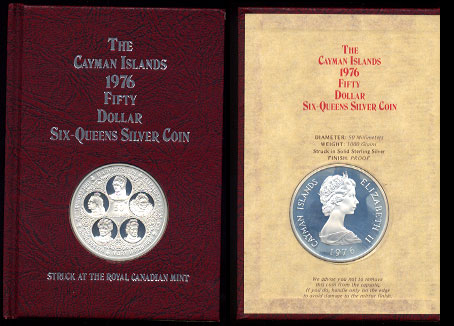 Cayman Islands Fifty Dollars Proof Issue  1976  Six-Queens Silver Coin 
