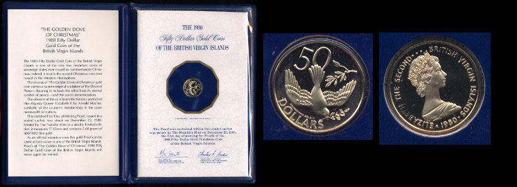 British Virgin Islands 1980 50 Dollars Golden Dove of Christmas Gold Coin