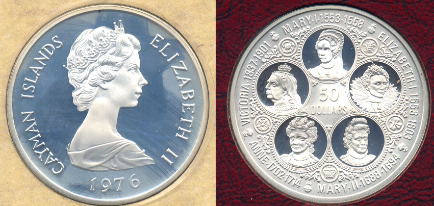 Cayman Islands Fifty Dollars Proof Issue  1976  Six-Queens Silver Coin 