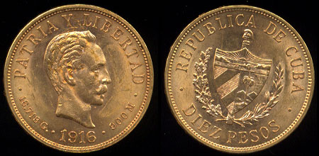 1916 Republic of Cuba 10 Peso UNC Gold Coin