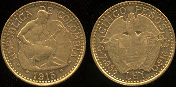 1913  5 pesos Gold Coin of Columbia UNC