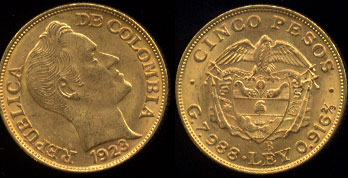 1923-B Simon Bolivar 5 Pesos Gold Coin of Columbia UNC
