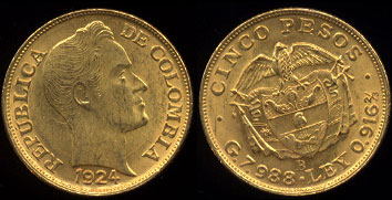 1924 Gold 5 peso Coin of Columbia AU