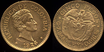 1925 5 peso Gold Coin of Columbia 5 Pesos UNC