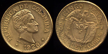 1928 Simon Bolivar 5 pesos Gold Coin of Columbia UNC