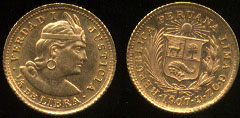 1907 Peru 1/5 Libra UNC Peru Gold Coin