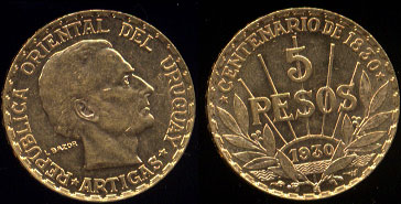 1930 Gold Coin of Uruguay Constitutional Centennial 5 Pesos