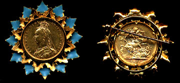 1892 British "Jubilee" Head Victoria Sovereign in 18K Gold Mounting with Enameling