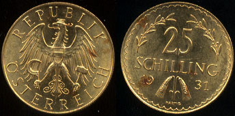 1931 Austria 25 Schillings Choice Uncirculated Gold Coin