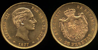 1877-DE/M Alfonso XII 25 Pesatas Spain Gold Coin UNC