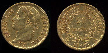 1808-A Napolean I  VF 20 Francs Gold Coin 