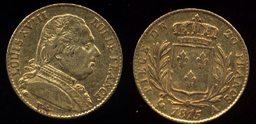 1815-A 20 Francs Louis XVIII Gold Coin XF