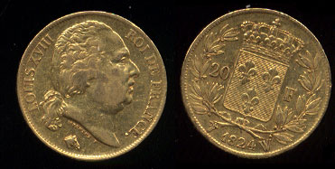 1824 W 20 Francs Gold Coins of Louis XVIII XF