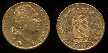 1824-A 20 Francs louis 18th