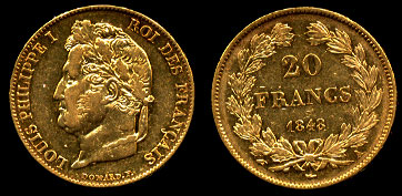 1848 A 20 Francs Gold Coin of Louis Phillippe