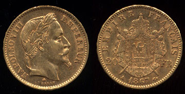 French 1864A AU 20 Francs 