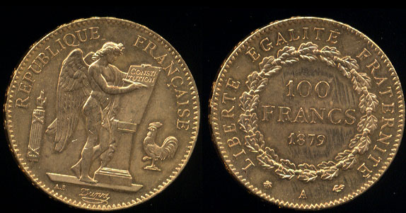 1879-A 100 Francs "Angel" Gold Coin AU