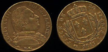 1815-L 20 Francs Louis XVIII Gold Coin VF