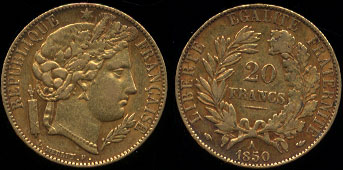 1850-A French 20 Francs Head of Ceres Gold Coin VF
