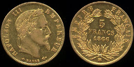 Napoleon III 5 Francs Gold Coin 1854-1869