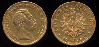 German State of Hessie-Darmstadt 10 Marks Gold Coin