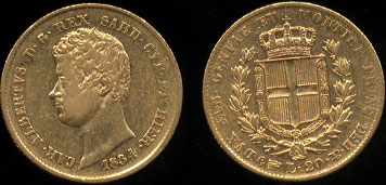 1834 Italian State Sardinia - 20 Lire - Carlo Alberto Gold Coin XF