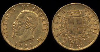 1863 Vittorio Emanuele II Italy 20 Lire Gold Coin VF