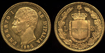 1882 Italy Umberto I 20 Lire UNC 