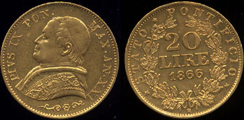 1866-XXIR Italian State of Papal - Vatican - Pius IX Pon - 20 Lire Gold Coin XF