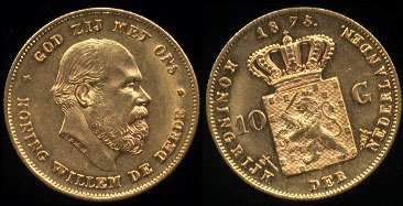 1875 William III 10 Gulden Gold Coin UNC