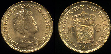 1917 Wilhelmina I 10 Gulden UNC