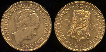 1932 Koningin Wilhemina 10 Guldins Unirculated Gold Coin