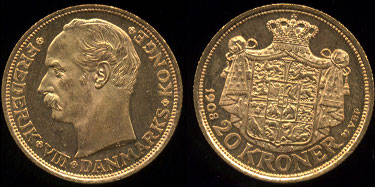 1908 20 Kroner Frederik VIII Gold Coin UNC