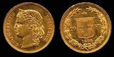1896 Switzerland 20 Francs Gold Coin