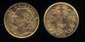 Swiss Choice Uncirculated 1922 10 Francs Gold Coin