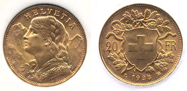 1935 Swiss Maiden 20 Francs Gold Coin