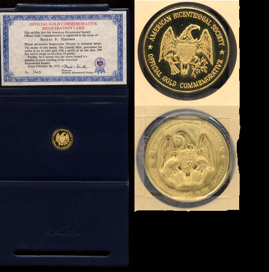 American Bicentennial Society Official Gold Bicentennial Medal #7445 Featuring an Eagle 